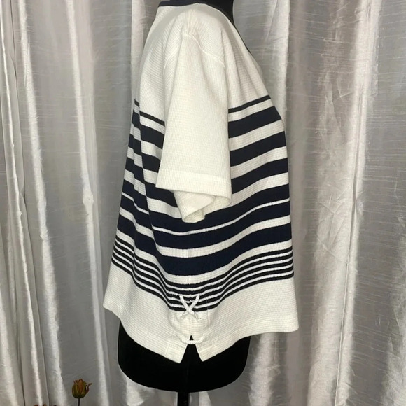 Liz Claiborne Womens Large Nautical Cropped White Navy Embroidered Short Sleeve - Picture 2 of 9